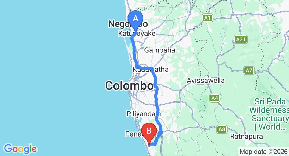 Driving route map: Colombo Airport (CMB) to Nidahasa Villa, Wadduwa (76 km, approx 1 h 21 min private transfer)