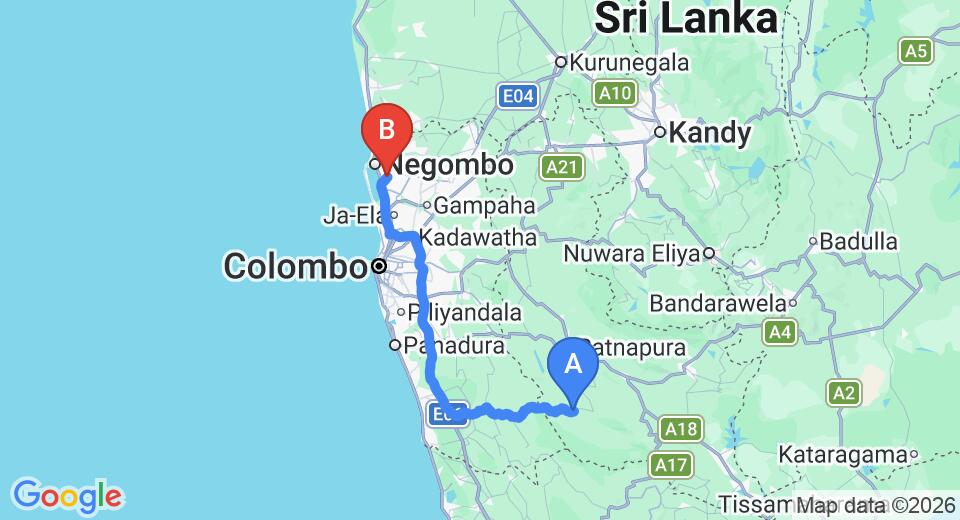 Driving route map: Kalawana to Colombo Airport (CMB) (132 km, approx 2 h 20 min private transfer)