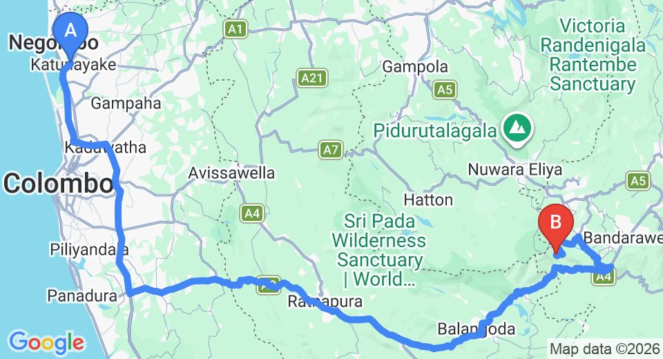 Driving route map: Colombo Airport (CMB) to Misty Mountain Lodge, Ohiya (239 km, approx 6 h 11 min private transfer)