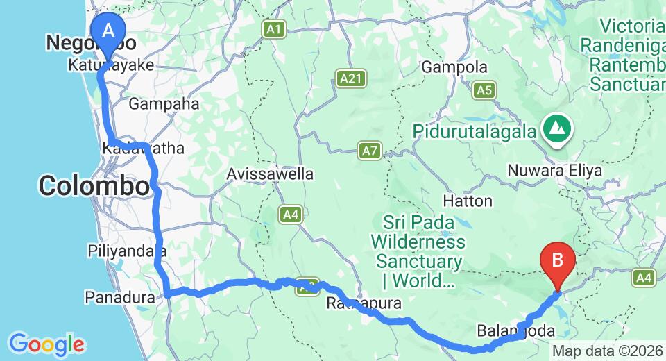 Driving route map: Colombo Airport (CMB) to Belihuloya (179 km, approx 4 h 8 min private transfer)