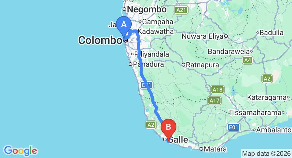 Driving route map: Colombo Seaport to Unawatuna (146 km, approx 2 h 2 min private transfer)