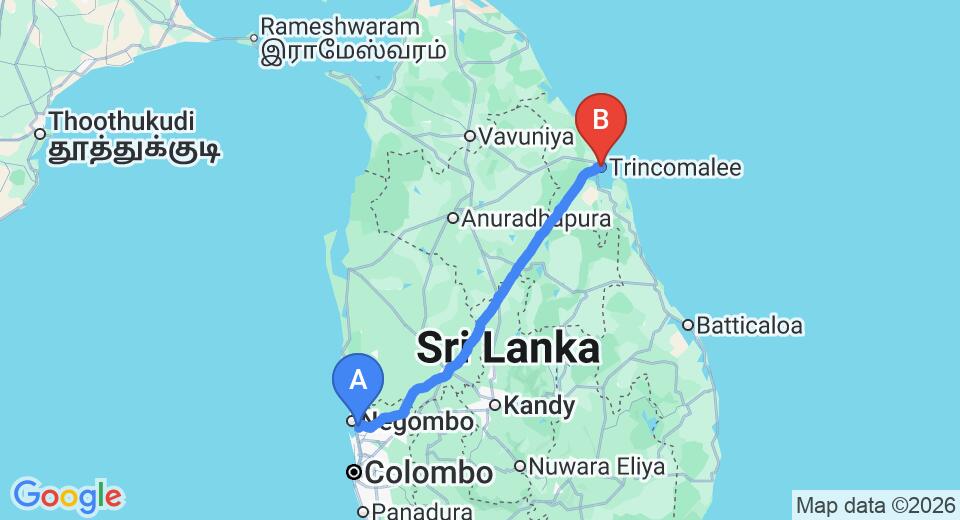 Driving route map: Colombo Airport (CMB) to Club Oceanic, Trincomalee (235 km, approx 4 h 43 min private transfer)