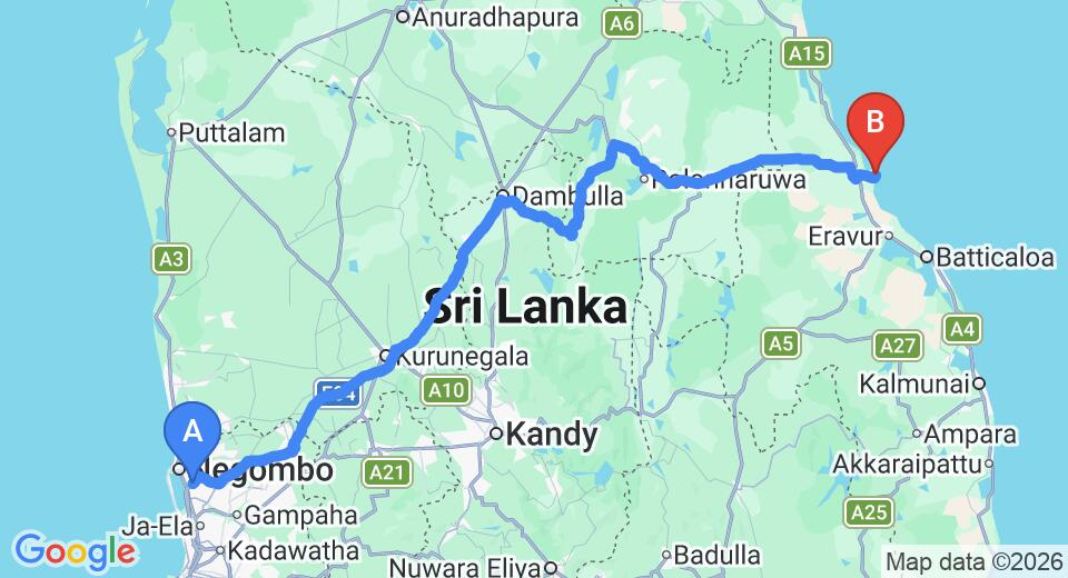 Driving route map: Colombo Airport (CMB) to Amaya Beach Passikudah, pasikuda (267 km, approx 5 h 29 min private transfer)