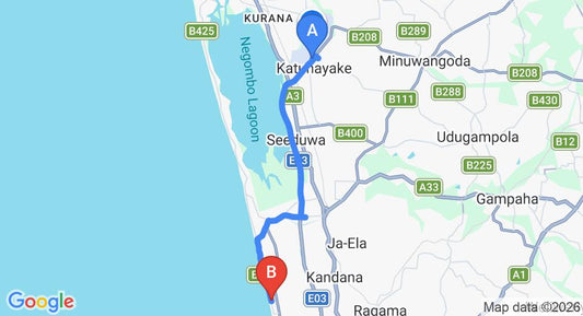 Driving route map: Colombo Airport (CMB) to Palm Village Hotel, Wattala (20 km, approx 30 min private transfer)