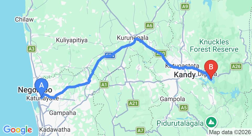 Driving route map: Colombo Airport (CMB) to Bamboo Villa Kandy, Kandy (131 km, approx 3 h 22 min private transfer)