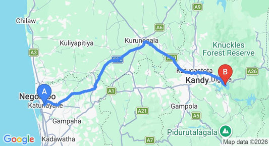 Driving route map: Colombo Airport (CMB) to Bamboo Villa Kandy, Kandy (131 km, approx 3 h 22 min private transfer)