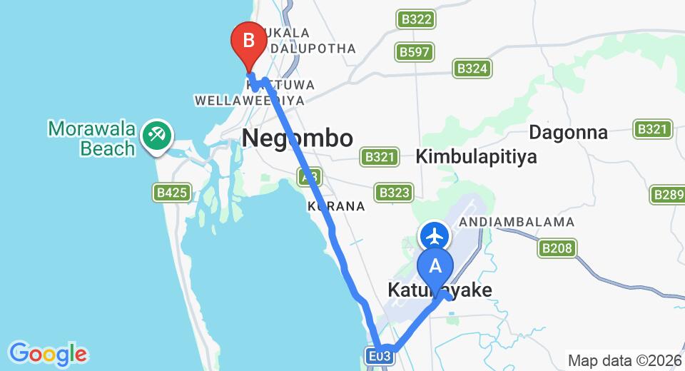 Driving route map: Colombo Airport (CMB) to Tong Fu Hotel, Negombo (12 km, approx 28 min private transfer)
