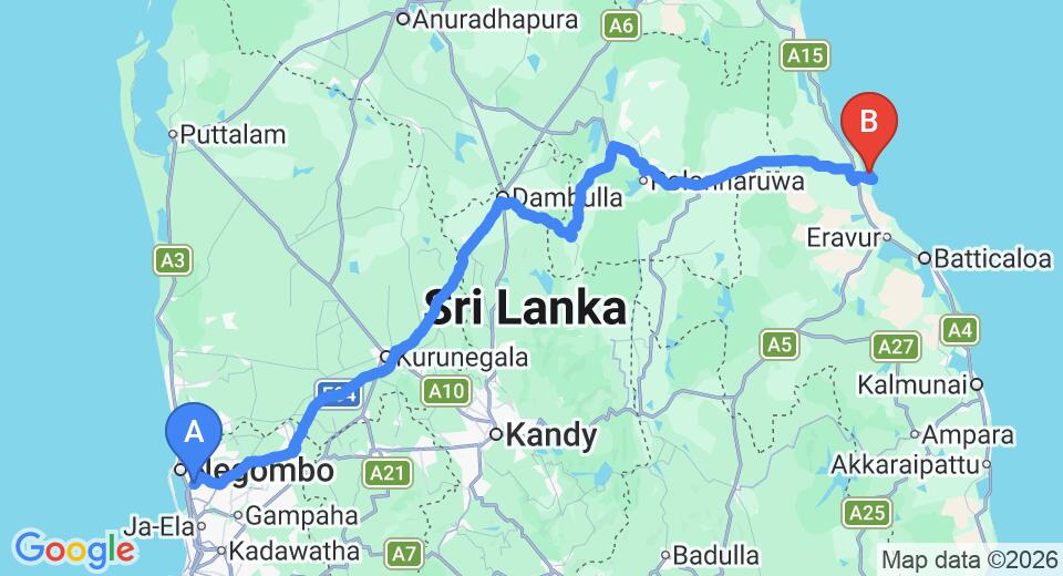 Driving route map: Colombo Airport (CMB) to Anantaya Resort and Spa Passikudah, pasikuda (268 km, approx 5 h 30 min private transfer)