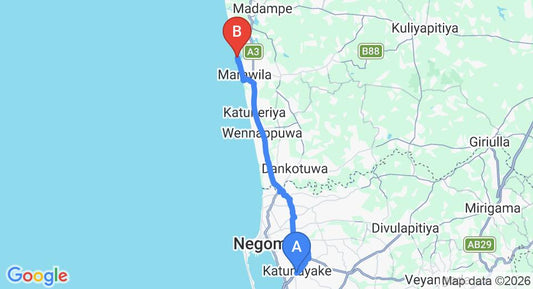 Driving route map: Colombo Airport (CMB) to Club Palm Bay Marawila, Marawila (36 km, approx 1 h 6 min private transfer)