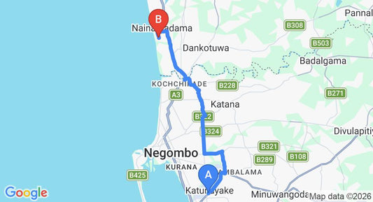 Driving route map: Colombo Airport (CMB) to Kumudu Valley Resort, Negombo (23 km, approx 45 min private transfer)
