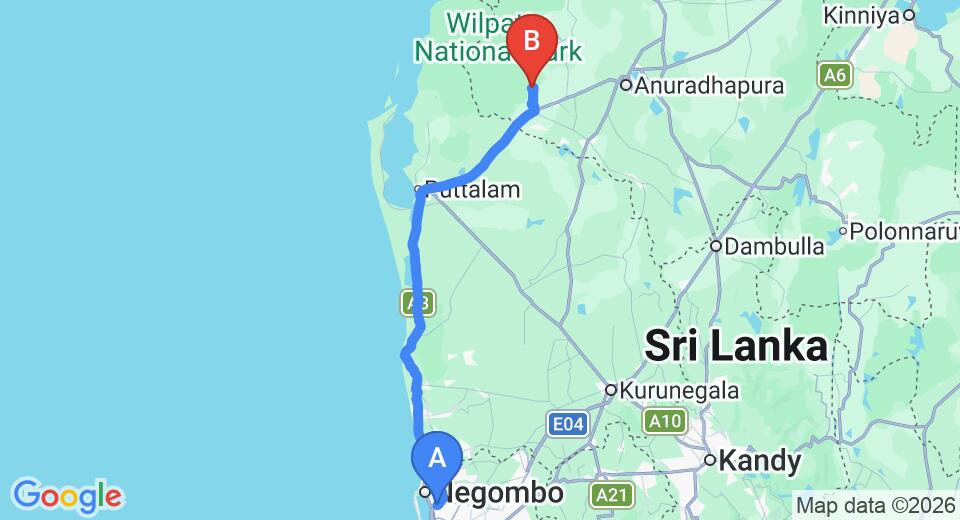 Driving route map: Colombo Airport (CMB) to Wilpattu Safari Camp, Wilpattu (157 km, approx 3 h 37 min private transfer)
