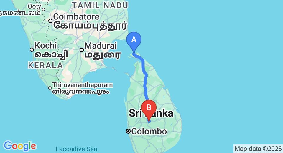 Driving route map: Jaffna (JAF) Airport to Kandy (327 km, approx 6 h 56 min private transfer)