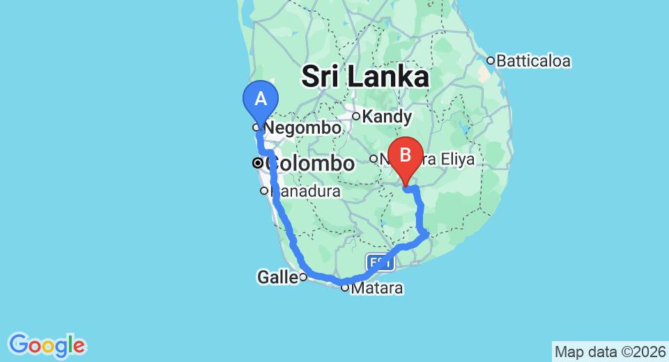 Driving route map: Colombo Airport (CMB) to Living Heritage Koslanda, Haputale (322 km, approx 4 h 45 min private transfer)