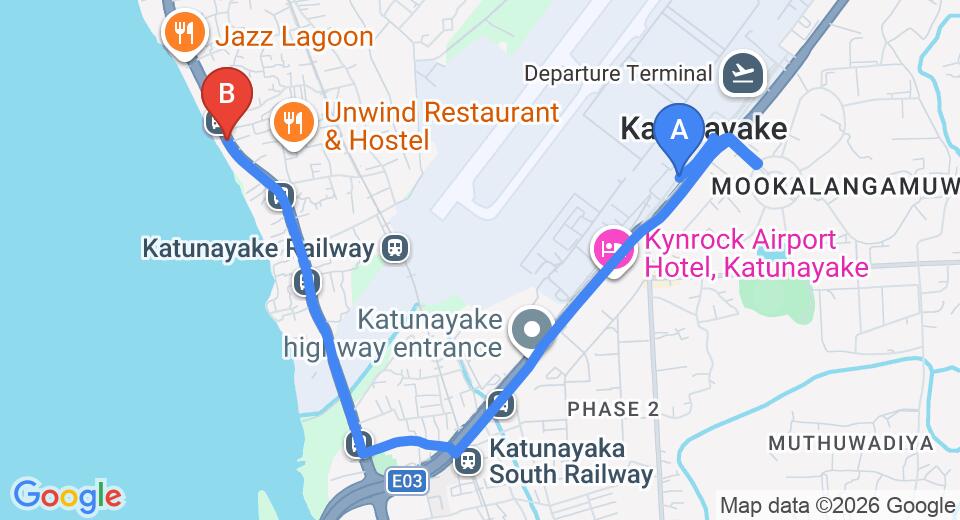 Driving route map: Colombo Airport (CMB) to Hush Lagoon 30, Negombo (5 km, approx 12 min private transfer)