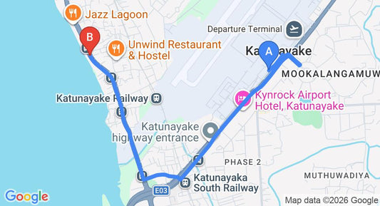 Driving route map: Colombo Airport (CMB) to Hush Lagoon 30, Negombo (5 km, approx 12 min private transfer)