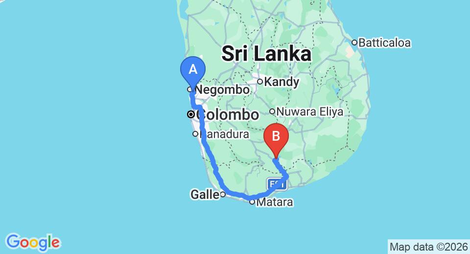 Driving route map: Colombo Airport (CMB) to Udawalawe Safari Bungalow, Udawalawe (259 km, approx 3 h 38 min private transfer)