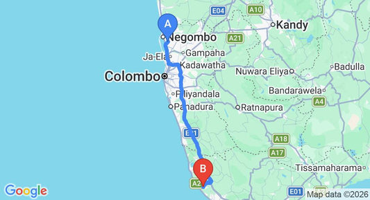 Driving route map: Colombo Airport (CMB) to Gonapinuwala (139 km, approx 2 h 0 min private transfer)