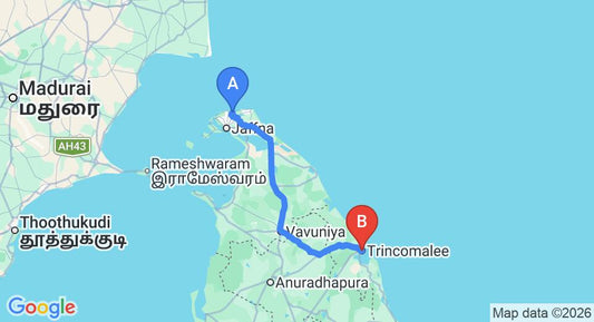 Driving route map: Jaffna (JAF) Airport to Trincomalee (243 km, approx 4 h 26 min private transfer)