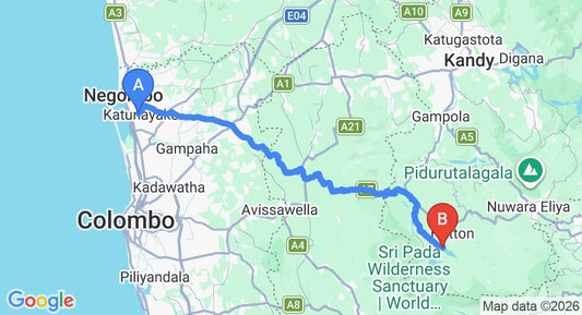 Driving route map: Colombo Airport (CMB) to The Castlereagh Resort, Hatton (120 km, approx 3 h 52 min private transfer)