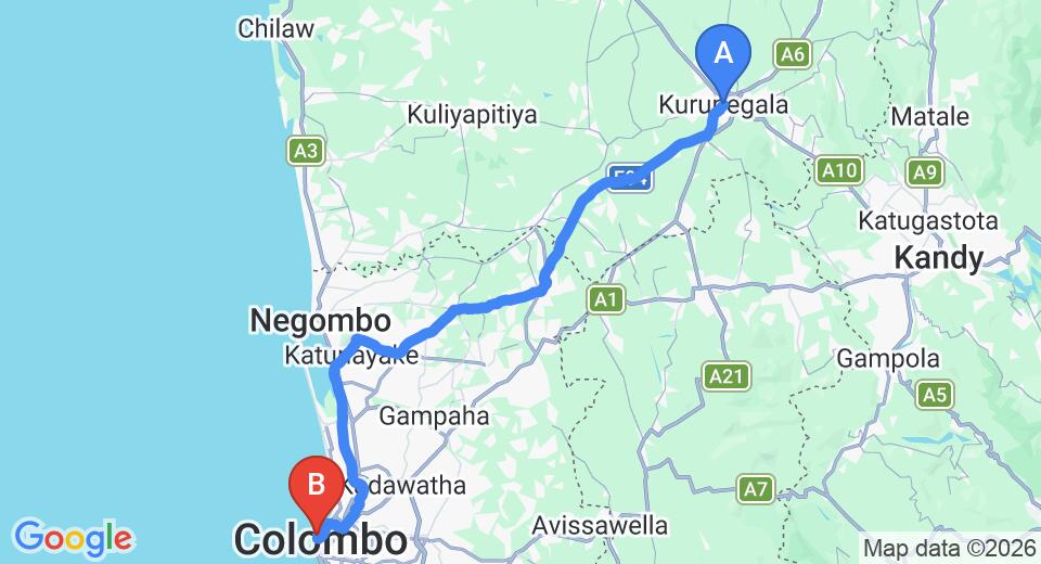 Driving route map: Kurunegala to Colombo Seaport (105 km, approx 2 h 9 min private transfer)