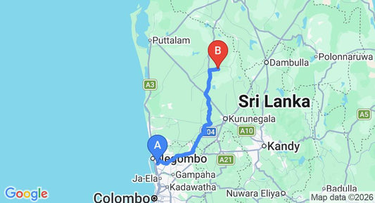 Driving route map: Colombo Airport (CMB) to Yapahuwa Paradise Resort, Maho (117 km, approx 2 h 40 min private transfer)