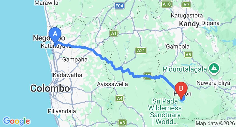 Driving route map: Colombo Airport (CMB) to Castlereigh Holiday Bungalow, Hatton (122 km, approx 3 h 51 min private transfer)