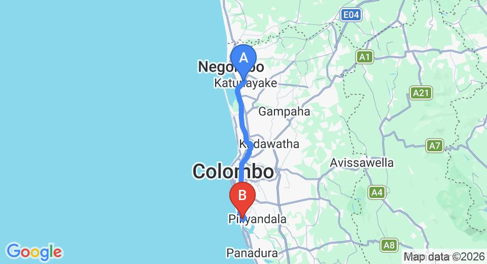 Driving route map: Colombo Airport (CMB) to Shanghai Hotel, Moratuwa (48 km, approx 1 h 20 min private transfer)
