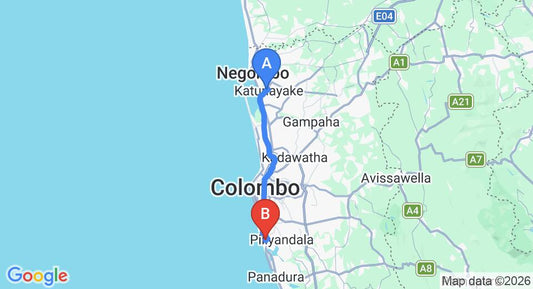 Driving route map: Colombo Airport (CMB) to Shanghai Hotel, Moratuwa (48 km, approx 1 h 20 min private transfer)