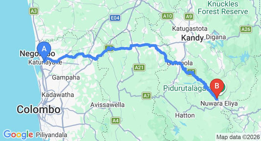 Driving route map: Colombo Airport (CMB) to Hillview Holiday Home, Nuwara Eliya (157 km, approx 4 h 51 min private transfer)