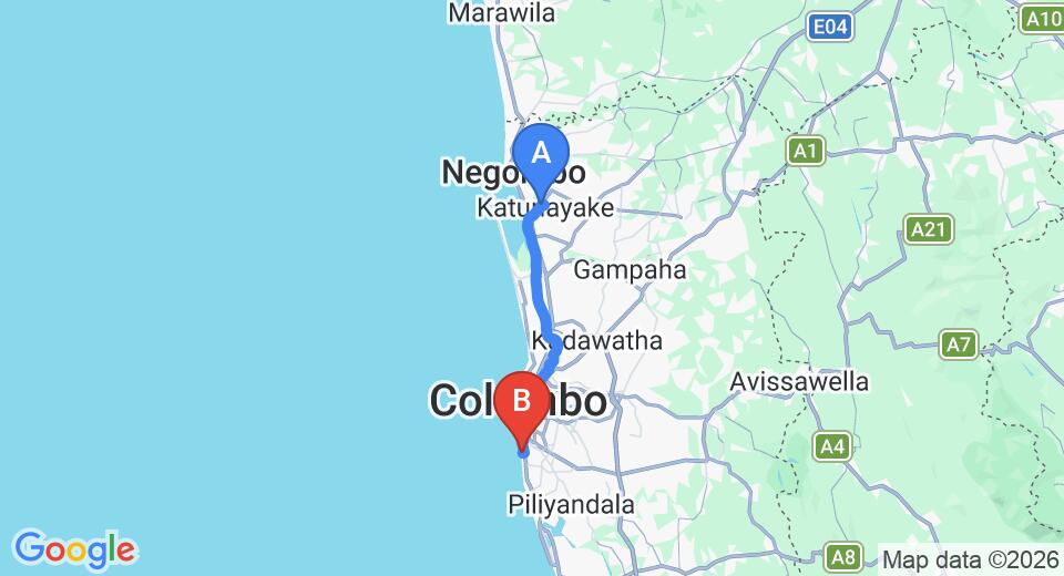 Driving route map: Colombo Airport (CMB) to Fairview Hotel, Wellawatte (40 km, approx 1 h 0 min private transfer)