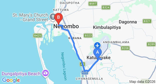 Driving route map: Colombo Airport (CMB) to Luxury Apartment, Negombo (10 km, approx 22 min private transfer)