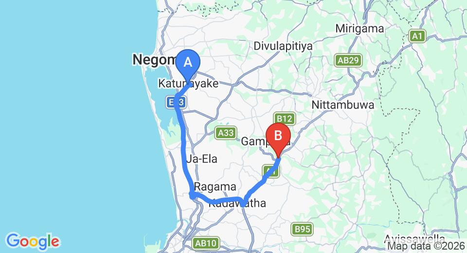 Driving route map: Colombo Airport (CMB) to Mudungoda (39 km, approx 46 min private transfer)
