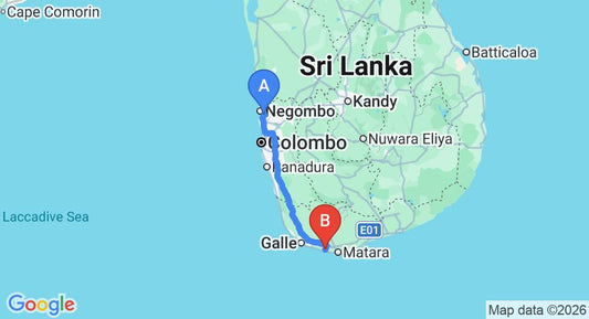 Driving route map: Colombo Airport (CMB) to River Edge Cinnamon Villa, Weligama (172 km, approx 2 h 24 min private transfer)