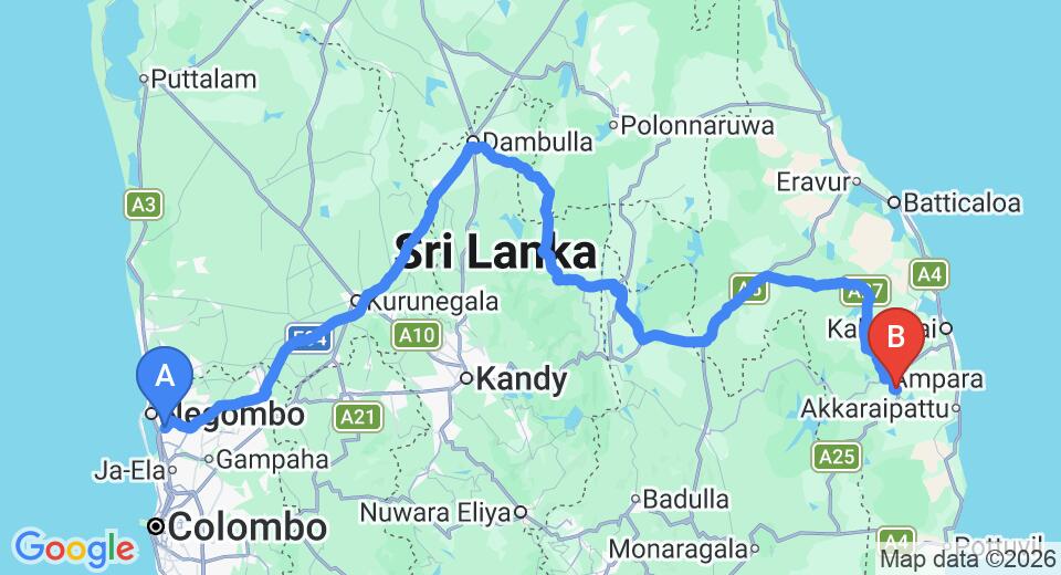 Driving route map: Colombo Airport (CMB) to Gal Oya (329 km, approx 6 h 36 min private transfer)