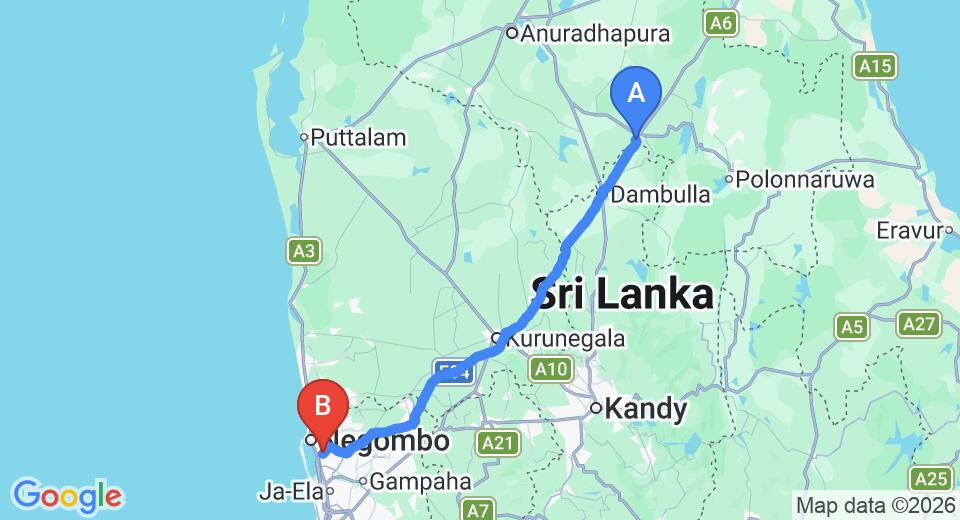 Driving route map: Hiriwadunna to Colombo Airport (CMB) (150 km, approx 3 h 16 min private transfer)