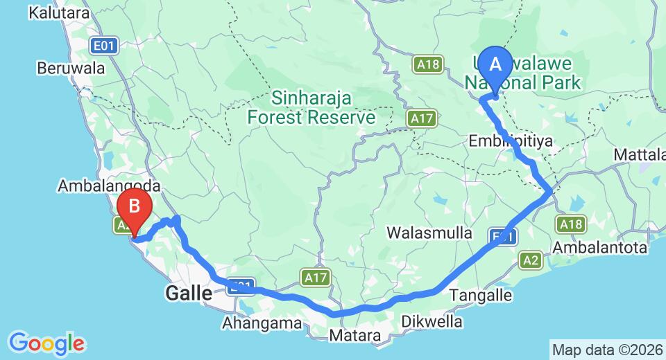Driving route map: Udawalawe to Hikkaduwa (144 km, approx 2 h 17 min private transfer)