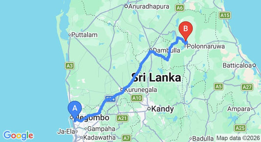 Driving route map: Colombo Airport (CMB) to Clay Hut Village, Polonnaruwa (200 km, approx 4 h 9 min private transfer)