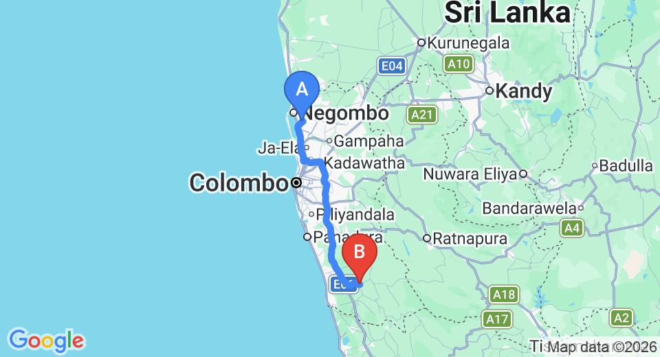 Driving route map: Colombo Airport (CMB) to Mathugama Piyasa, Mathugama (94 km, approx 1 h 27 min private transfer)