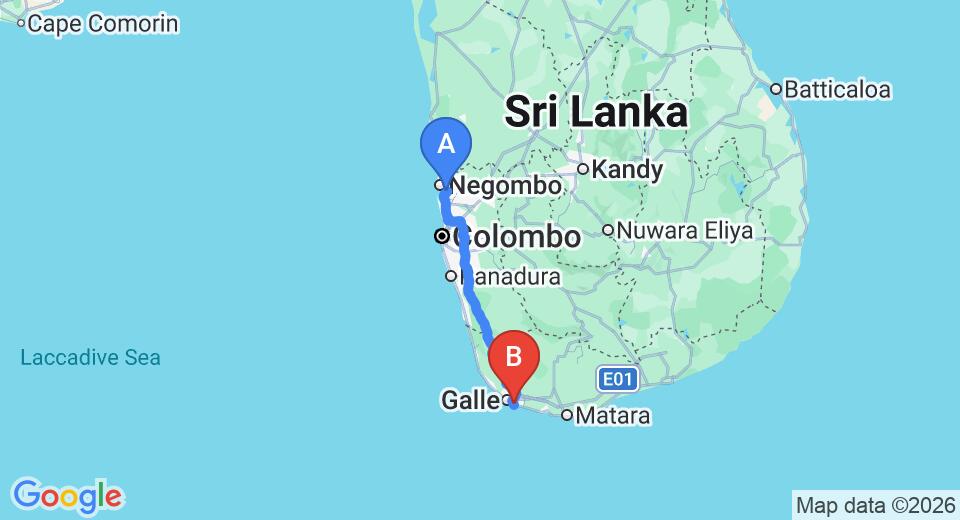 Driving route map: Colombo Airport (CMB) to Lavendish Beach Resort, Galle (153 km, approx 2 h 8 min private transfer)