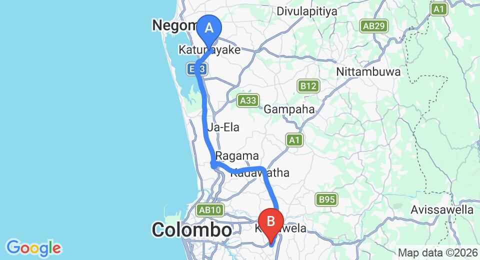 Driving route map: Colombo Airport (CMB) to Malabe (41 km, approx 49 min private transfer)