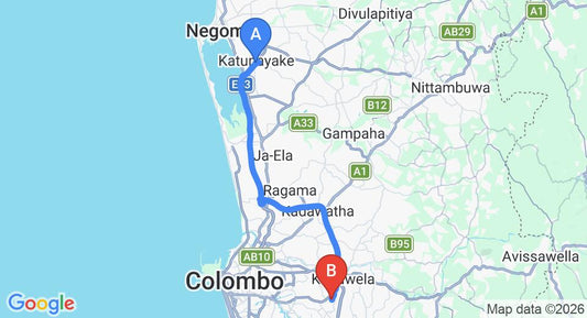 Driving route map: Colombo Airport (CMB) to Malabe (41 km, approx 49 min private transfer)