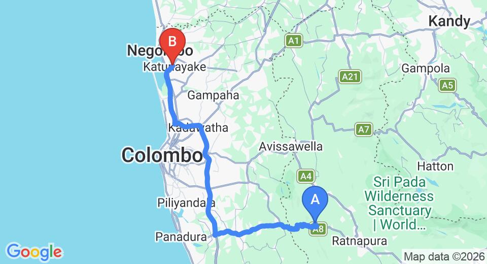 Driving route map: Kiriella to Colombo Airport (CMB) (100 km, approx 2 h 0 min private transfer)