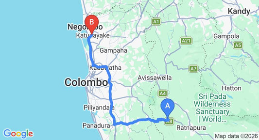 Driving route map: Kiriella to Colombo Airport (CMB) (100 km, approx 2 h 0 min private transfer)