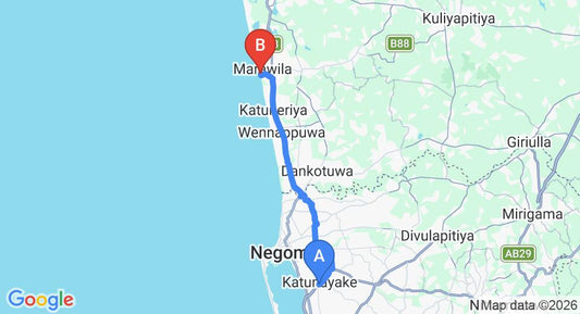 Driving route map: Colombo Airport (CMB) to Ninnada Beach Hotel, Marawila (33 km, approx 1 h 1 min private transfer)