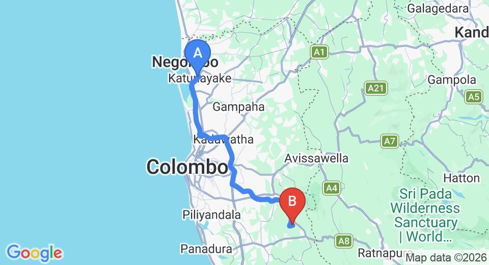 Driving route map: Colombo Airport (CMB) to Batugampola (71 km, approx 1 h 31 min private transfer)