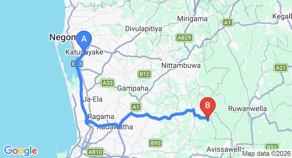 Driving route map: Colombo Airport (CMB) to Hiswella (59 km, approx 1 h 26 min private transfer)