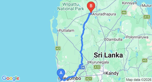 Driving route map: Colombo Airport (CMB) to City Resort, Anuradhapura (175 km, approx 3 h 48 min private transfer)