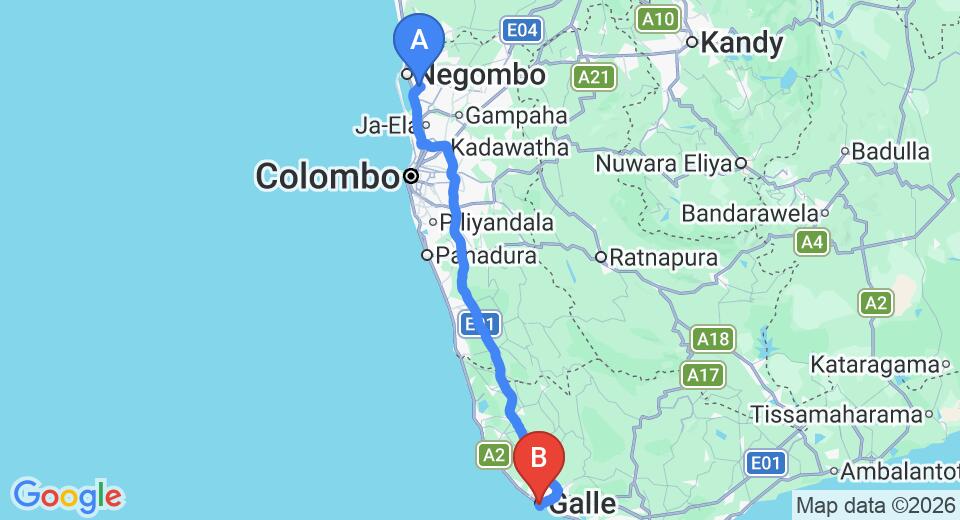 Driving route map: Colombo Airport (CMB) to Fort Dew Guest House, Galle (153 km, approx 2 h 13 min private transfer)