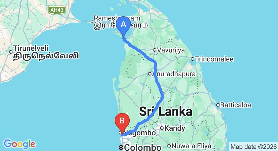 Driving route map: Mannar to Colombo Airport (CMB) (295 km, approx 5 h 52 min private transfer)