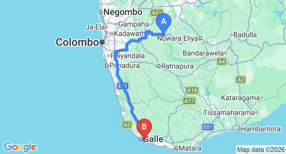 Driving route map: Kitulgala to Unawatuna (179 km, approx 3 h 44 min private transfer)